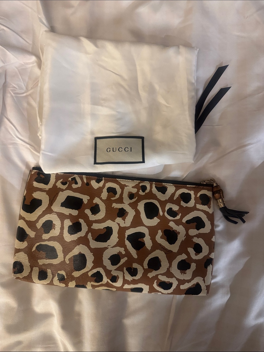 Gucci Leopard Print Leather Clutch in Brown, Black & Cream